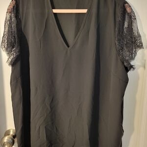 Express Black V-Neck Blouse with Lace Sleeves